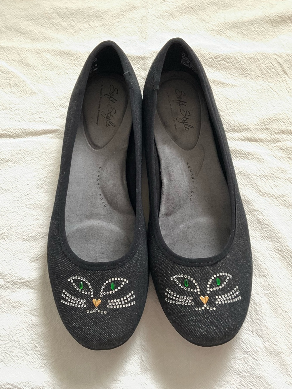 Hush Puppies Flats Shoes Black Denim Embellished Kitty Cat 8.5W